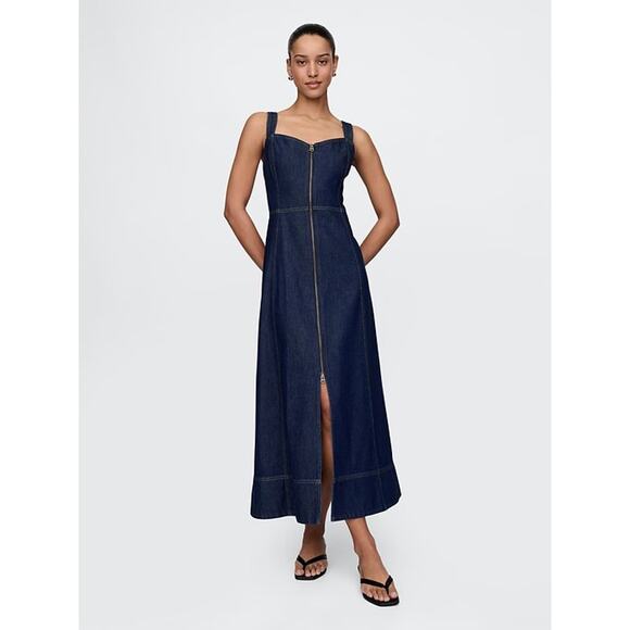 GAP L Petite UltraSoft Denim Maxi Dress Rinsed Dark Wash - Picture 1 of 12